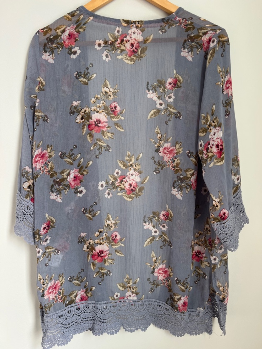 Sheer Floral Kimono Coverup Cardigan Dusty Blue Pink Roses #JFW49245GG Size S - Picture 10 of 17
